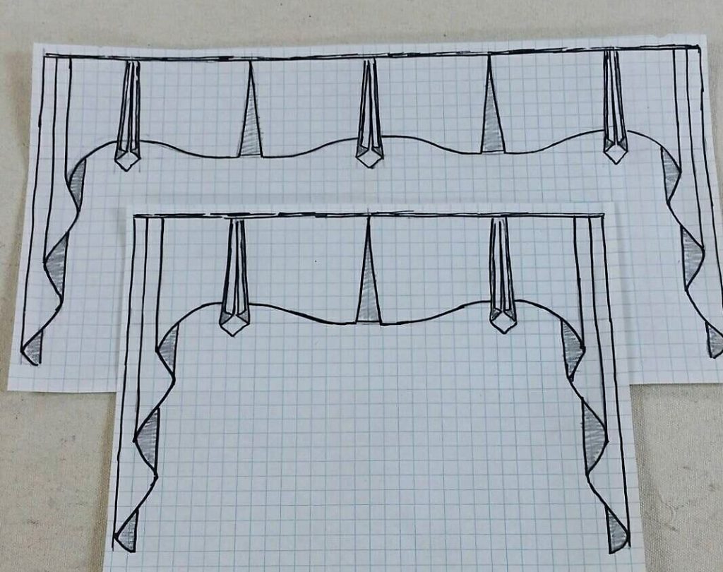 To-scale drawing of MAISON Hidden Rod Pocket valances with JABOTS added to the design.
