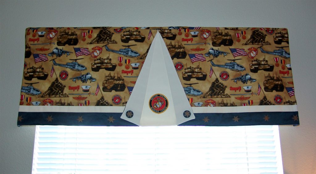 Custom designed military style valance with center tent flap design.