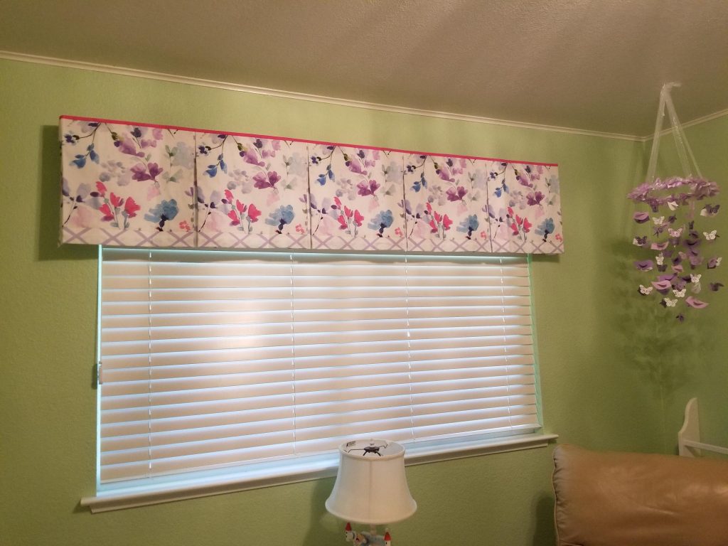 BOX PLEATED Hidden Rod Pocket Valance with Banded Lower Edges in a nursery.