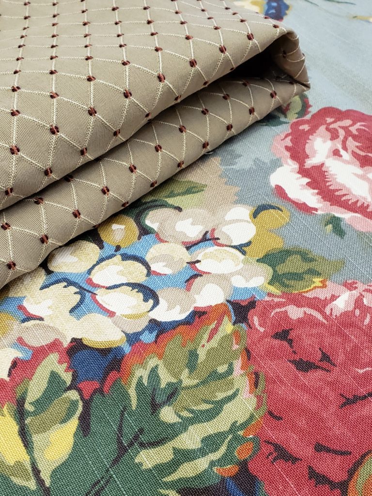 Closeup of Queensland fabric and diamond print contrast fabric