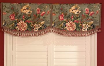 Custom Designed SCALLOPED Hidden Rod Pocket valance with contrast open pleats and lower edge trim