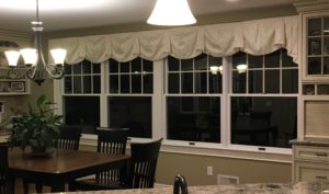 Custom BEV'S BLOUSE Hidden Rod Pocket valance hanging in a dining room