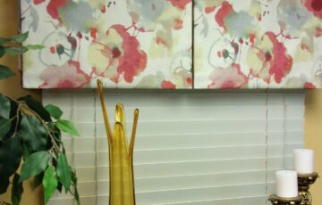 Workroom sample of BOX PLEATED Hidden Rod Pocket valance, created using red' ivory and gray abstract print home décor fabric