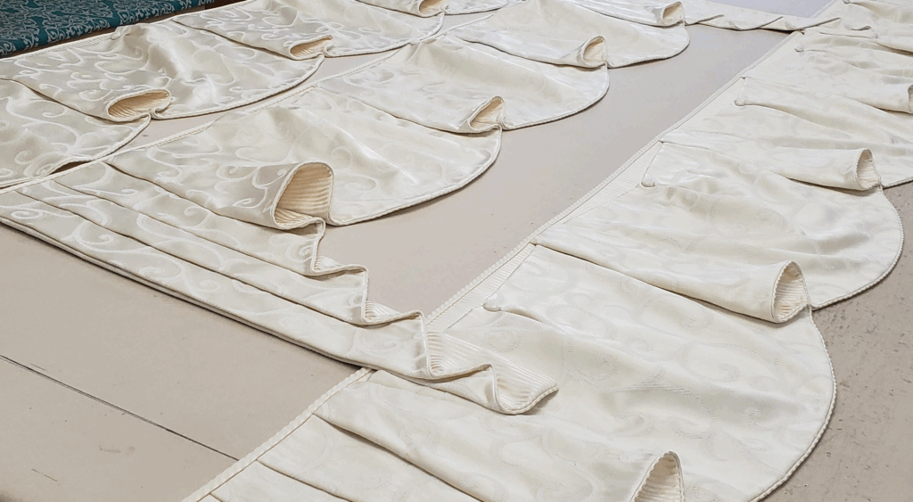 BEV'S BLOUSE Hidden Rod Pocket valances on workroom table ready to be shipped out to customer